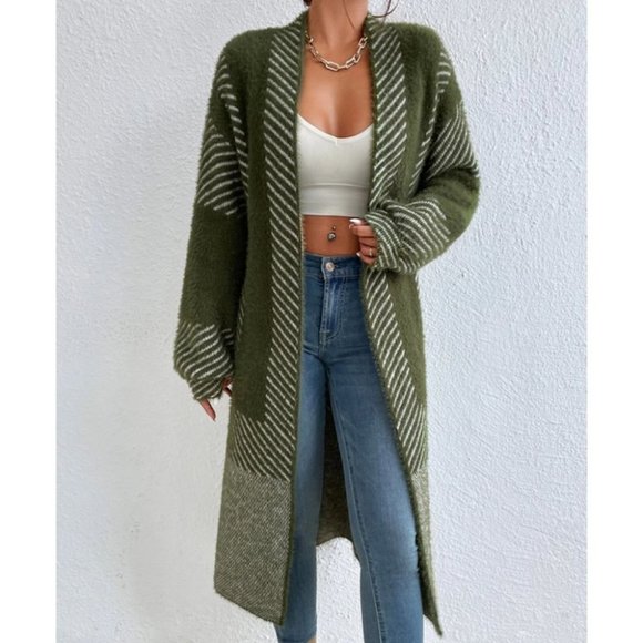 open front striped print fuzzy sweater knit duster cardigan green - Picture 2 of 7